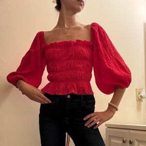 Free People Plisse Red Open Lace Up Back Blouse